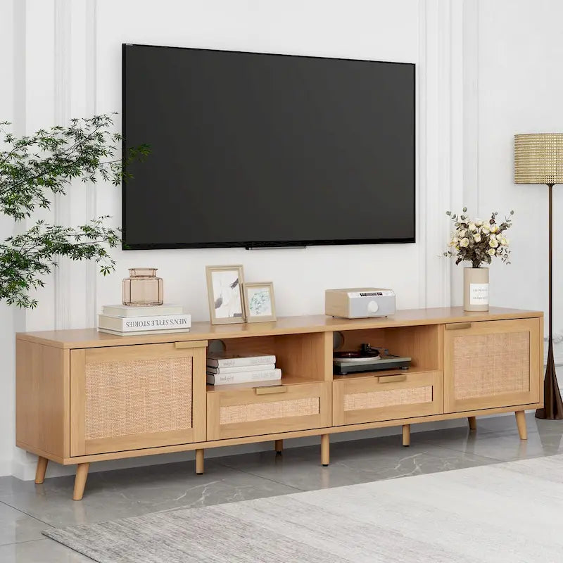 Roomfitters Rattan TV Stand for 85 TV, Farmhouse Media Console, Solid Wood Legs, Wood