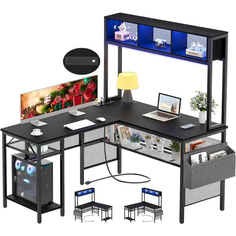 Bureau d'ordinateur d'angle réversible avec étagères de rangement, bande LED et prises électriques, table de jeu