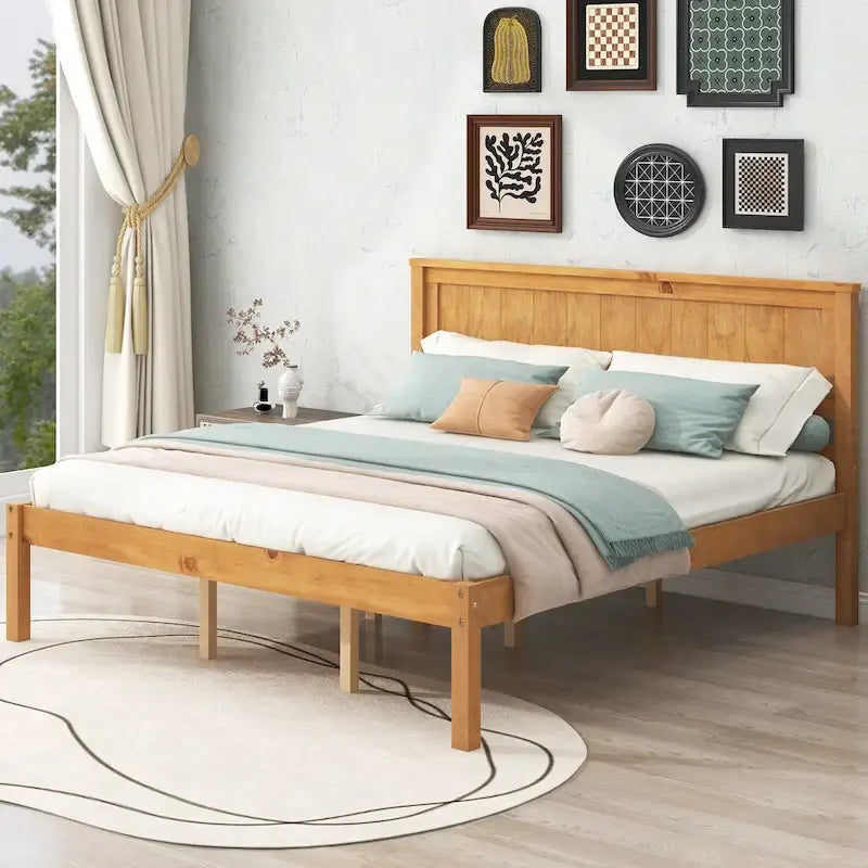Pine Wooden Platform Bed with Headboard and Wood Slat Support for Bedroom