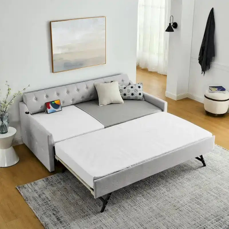 Banquette-lit tapissée avec lit gigogne escamotable et port USB