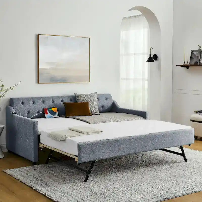 Banquette-lit tapissée avec lit gigogne escamotable et port USB
