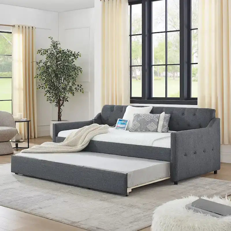 Banquette-lit tapissée avec lit gigogne escamotable et port USB