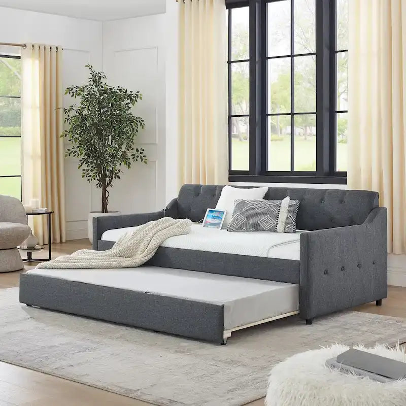 Twin Size Upholstery Daybed with Erectable Trundle and USB