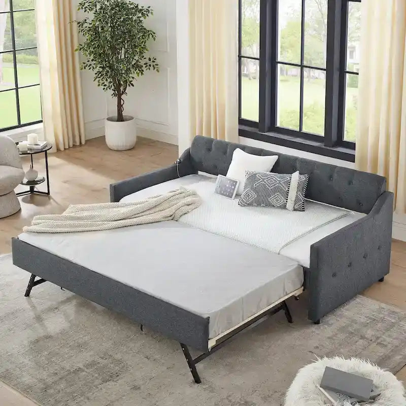 Banquette-lit tapissée avec lit gigogne escamotable et port USB