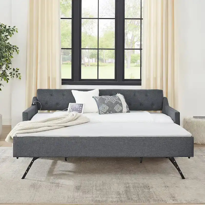 Banquette-lit tapissée avec lit gigogne escamotable et port USB