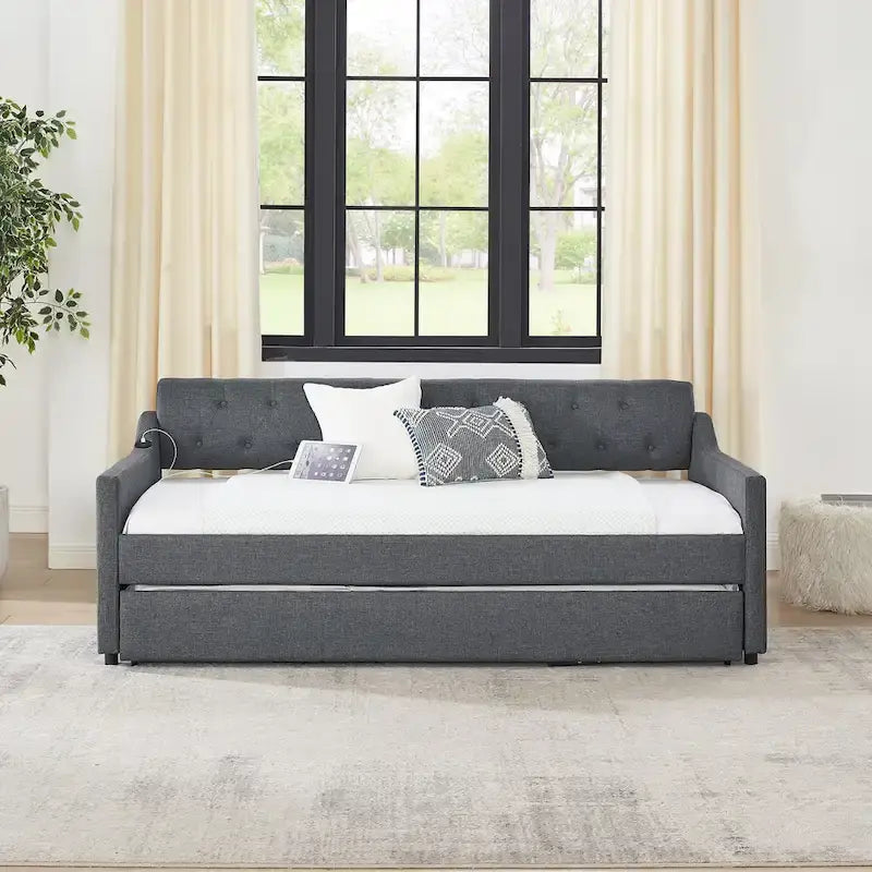 Banquette-lit tapissée avec lit gigogne escamotable et port USB