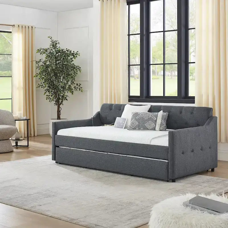 Banquette-lit tapissée avec lit gigogne escamotable et port USB