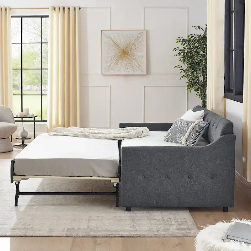 Banquette-lit tapissée avec lit gigogne escamotable et port USB