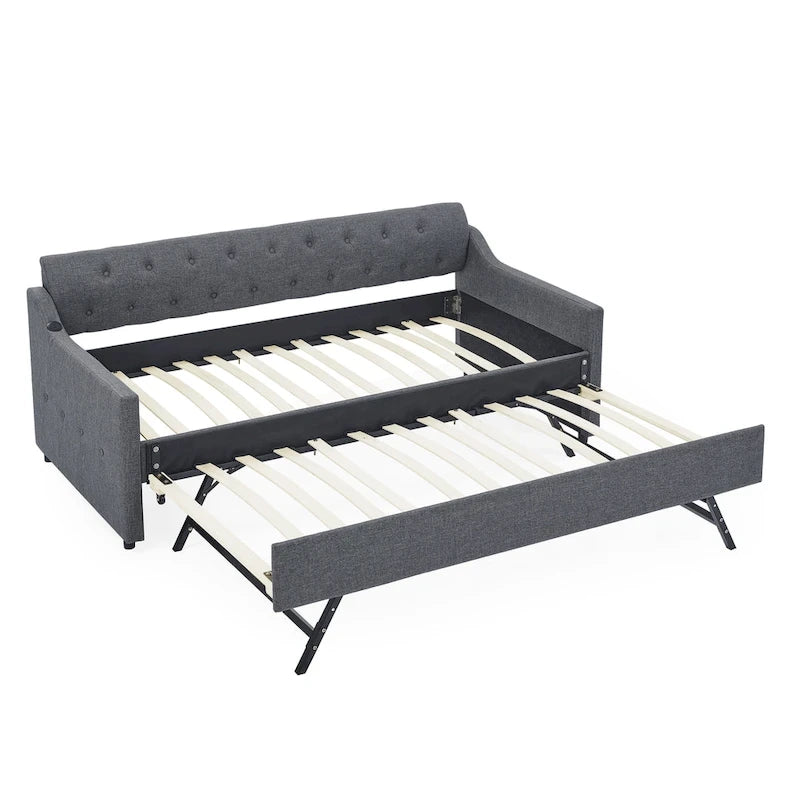 Banquette-lit tapissée avec lit gigogne escamotable et port USB