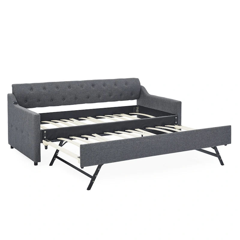 Banquette-lit tapissée avec lit gigogne escamotable et port USB