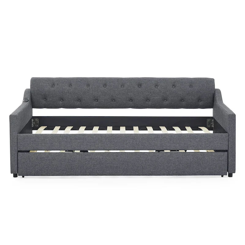 Banquette-lit tapissée avec lit gigogne escamotable et port USB