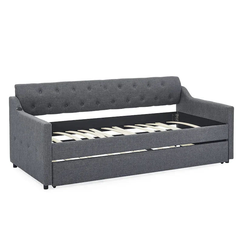 Banquette-lit tapissée avec lit gigogne escamotable et port USB