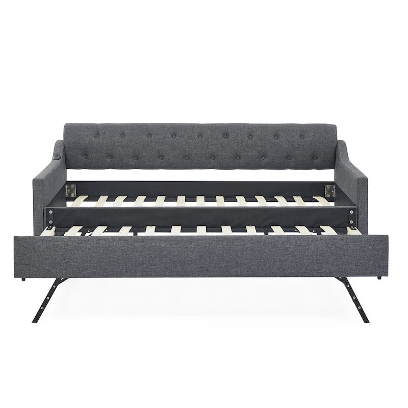 Banquette-lit tapissée avec lit gigogne escamotable et port USB