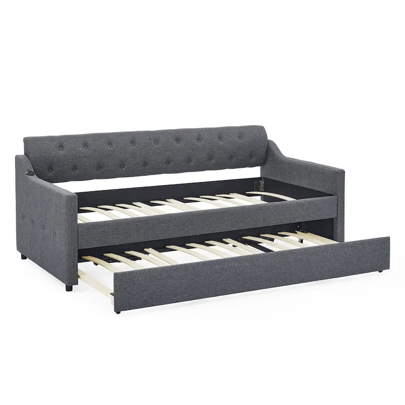 Banquette-lit tapissée avec lit gigogne escamotable et port USB