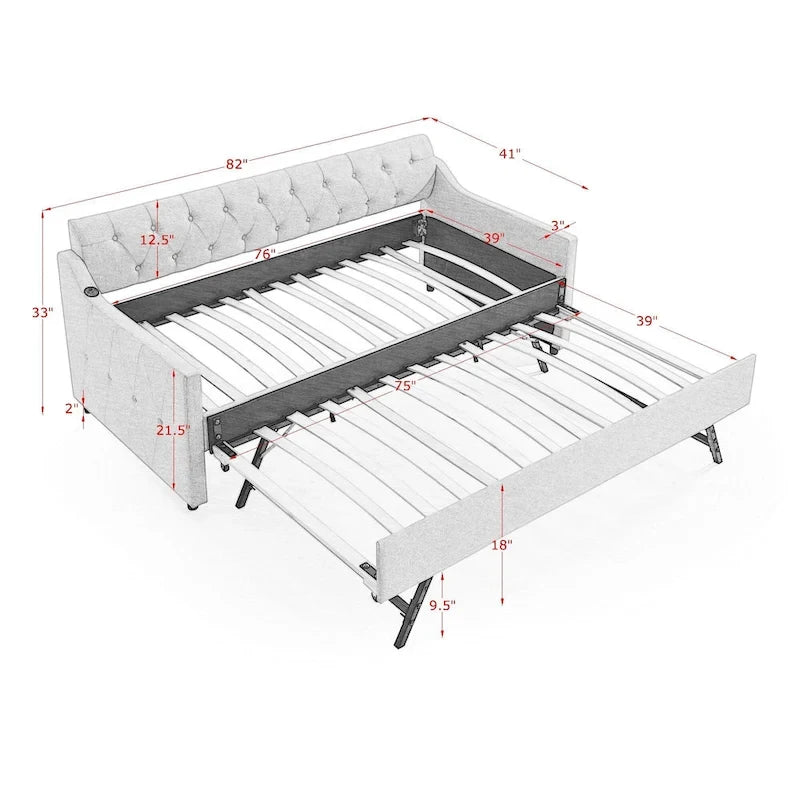 Banquette-lit tapissée avec lit gigogne escamotable et port USB