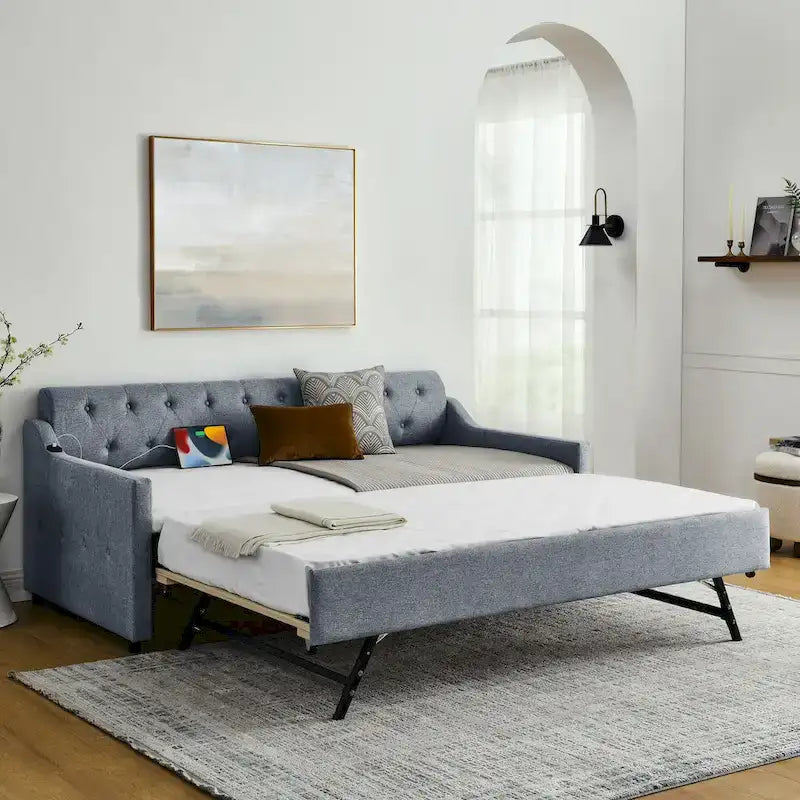 Banquette-lit tapissée avec lit gigogne escamotable et port USB