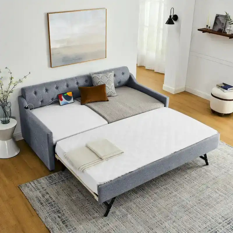 Banquette-lit tapissée avec lit gigogne escamotable et port USB