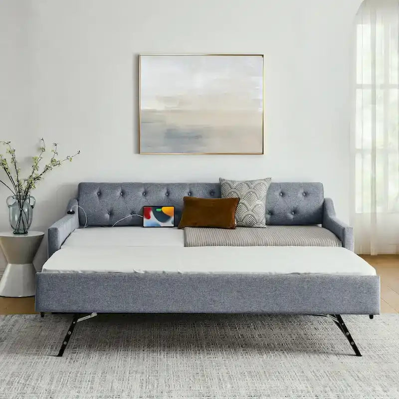 Banquette-lit tapissée avec lit gigogne escamotable et port USB
