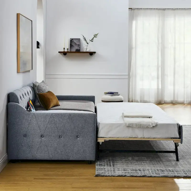 Banquette-lit tapissée avec lit gigogne escamotable et port USB