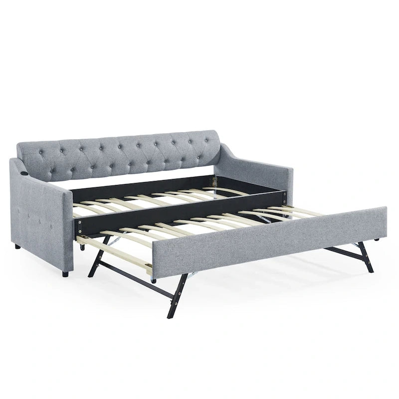 Banquette-lit tapissée avec lit gigogne escamotable et port USB