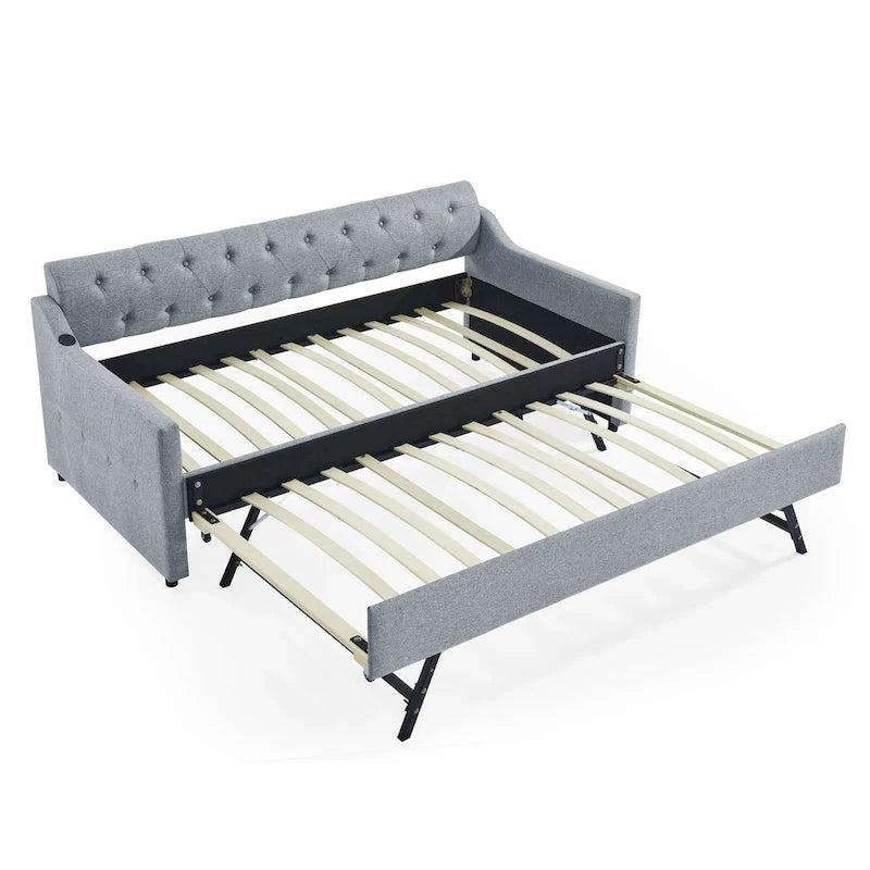 Banquette-lit tapissée avec lit gigogne escamotable et port USB