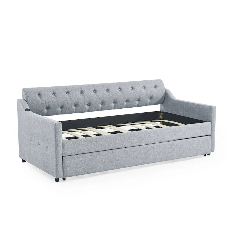 Banquette-lit tapissée avec lit gigogne escamotable et port USB