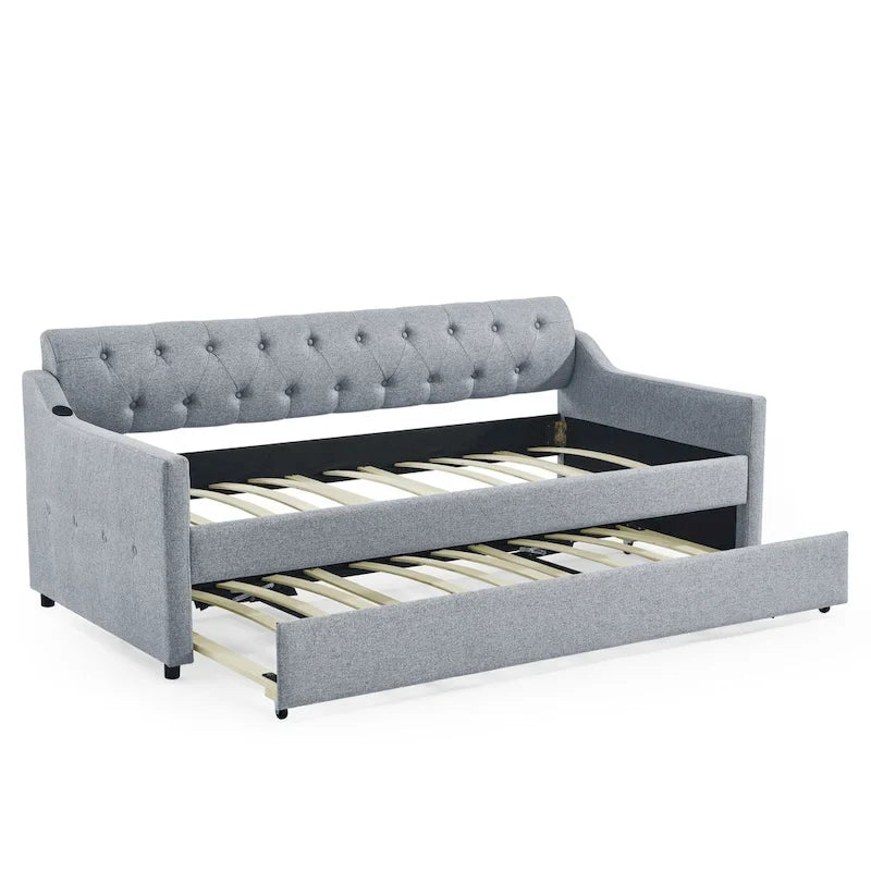 Banquette-lit tapissée avec lit gigogne escamotable et port USB