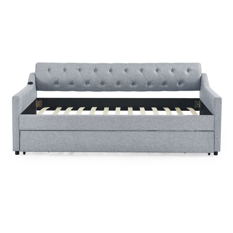 Banquette-lit tapissée avec lit gigogne escamotable et port USB