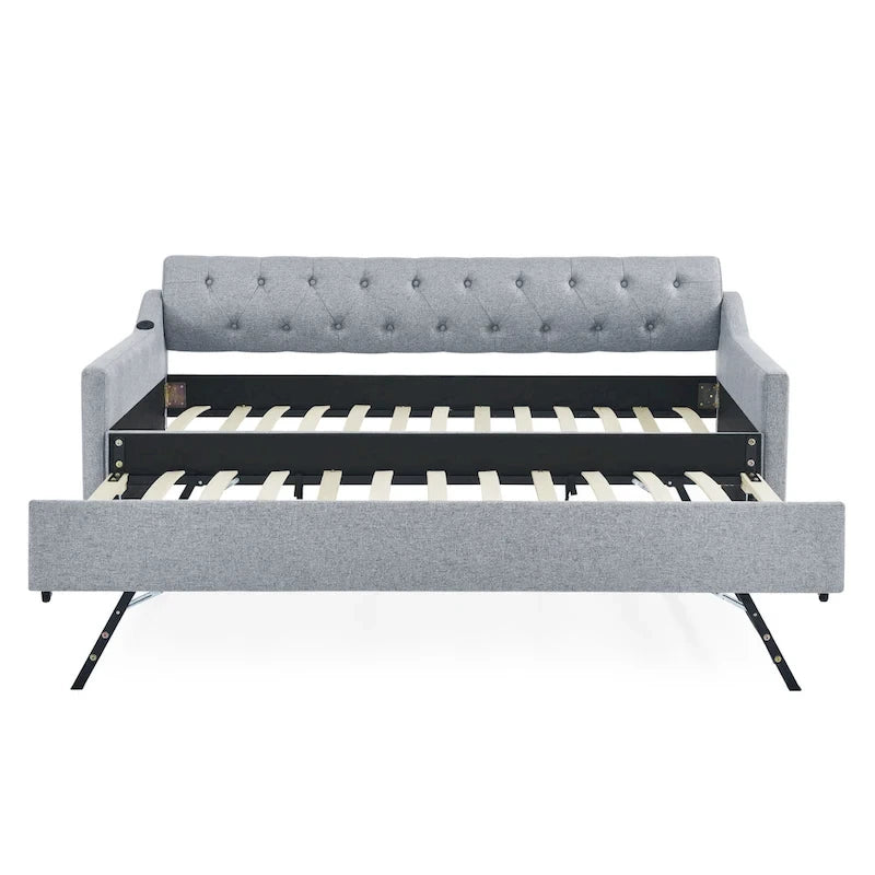 Banquette-lit tapissée avec lit gigogne escamotable et port USB