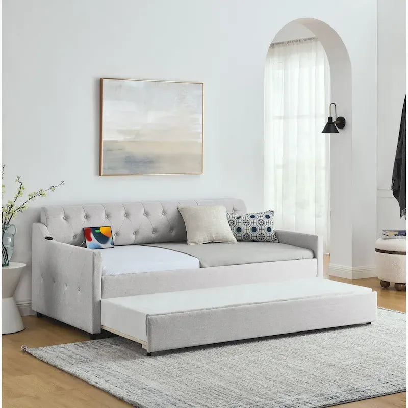 Banquette-lit tapissée avec lit gigogne escamotable et port USB