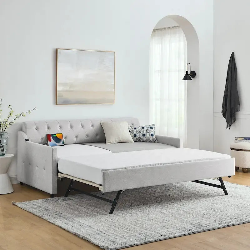 Banquette-lit tapissée avec lit gigogne escamotable et port USB