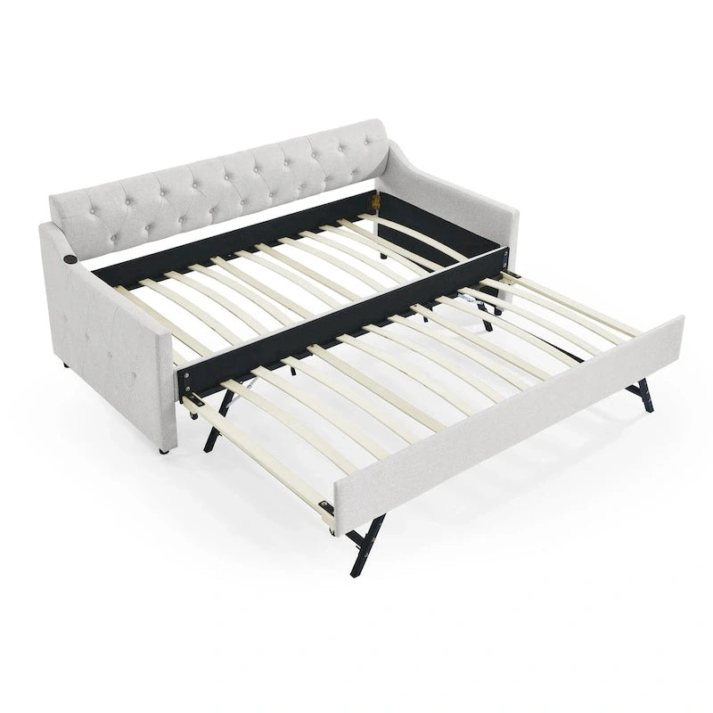 Banquette-lit tapissée avec lit gigogne escamotable et port USB