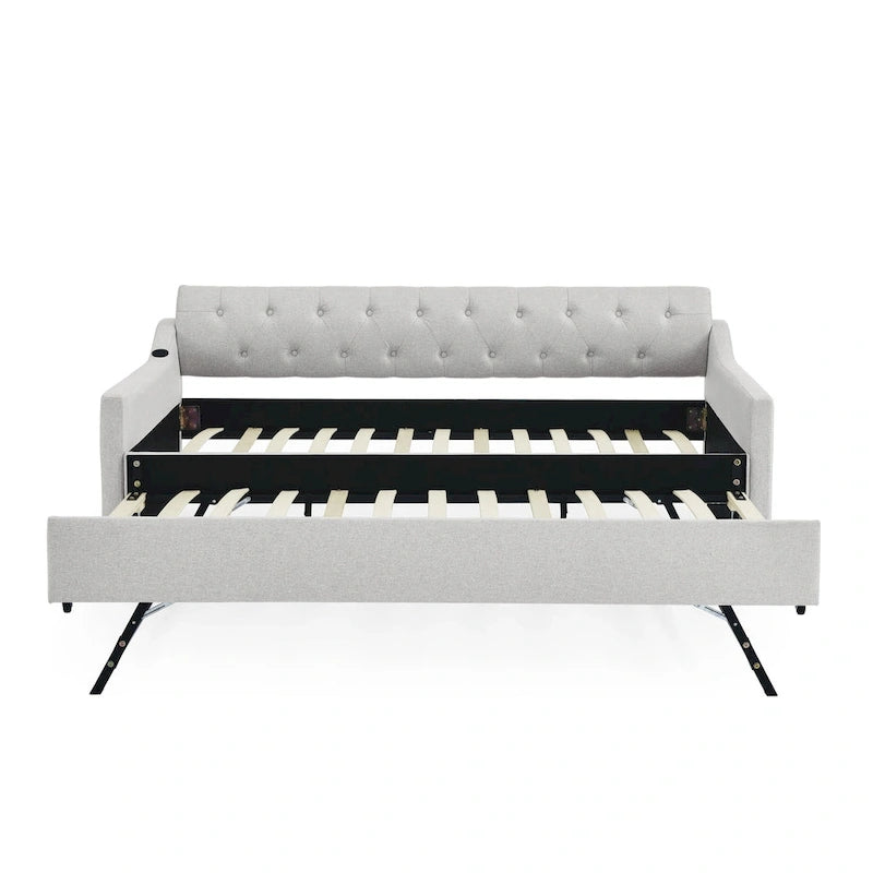 Banquette-lit tapissée avec lit gigogne escamotable et port USB