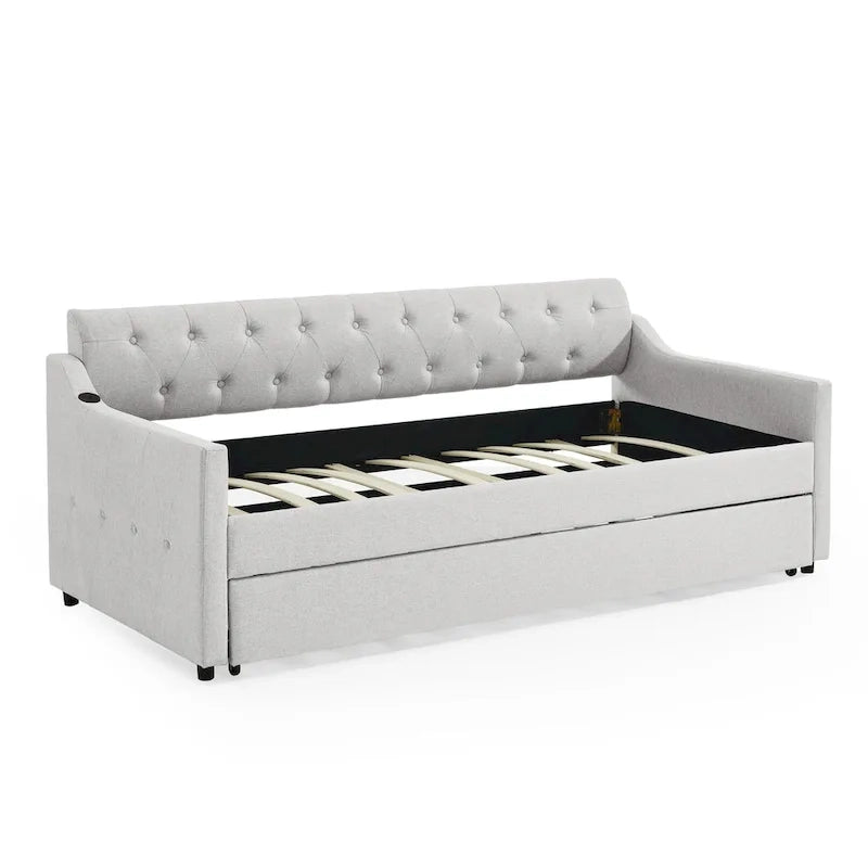 Banquette-lit tapissée avec lit gigogne escamotable et port USB